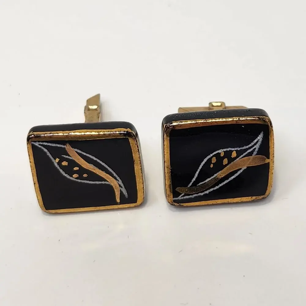 Hand Painted Ceramic Black Gold Tone Cufflinks Vintage 1960s MCM Leaf Motif